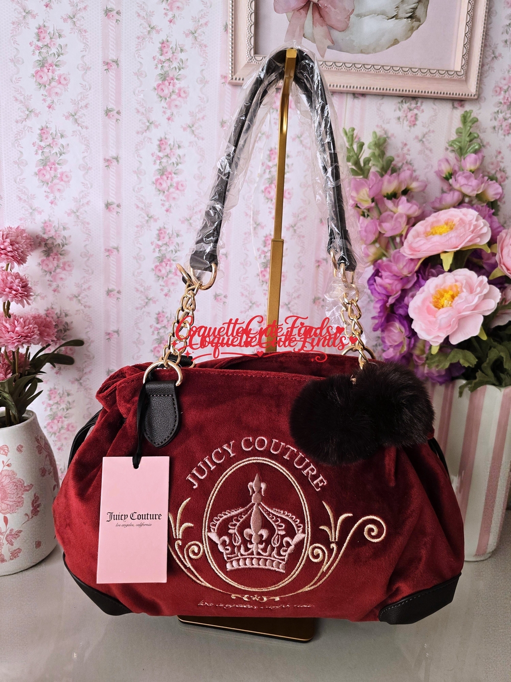 Juicy Couture Burgundy Velvet Shoulder Bag with Gold Accents